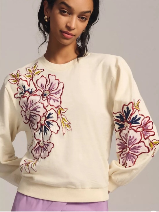 Anthropologie Tops - Anthropologie Embroidered Appliqué Sweatshirt Top Oversized XXS